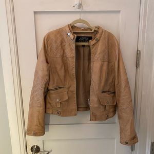 Blanc Noir Tan Leather Moto Jacket Sz L